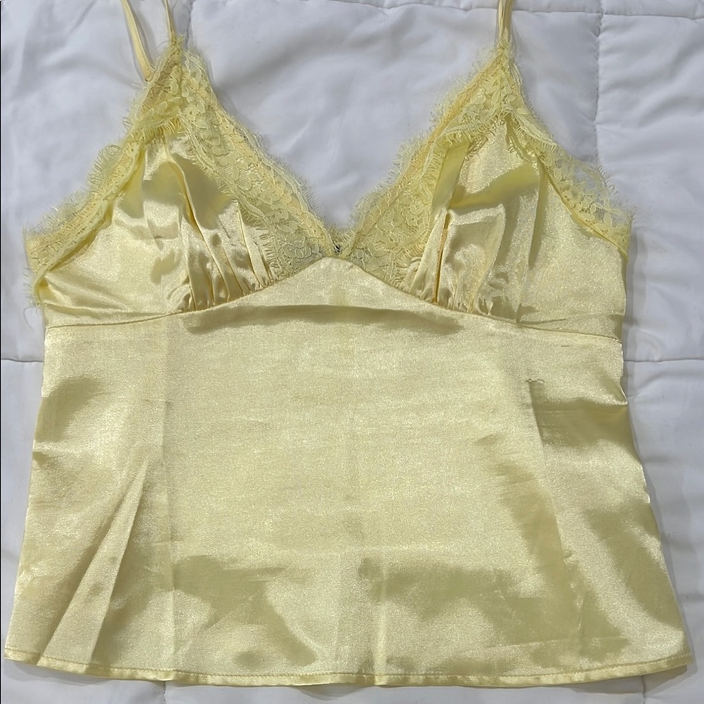 Yellow Satin Lace Trim Cami Top